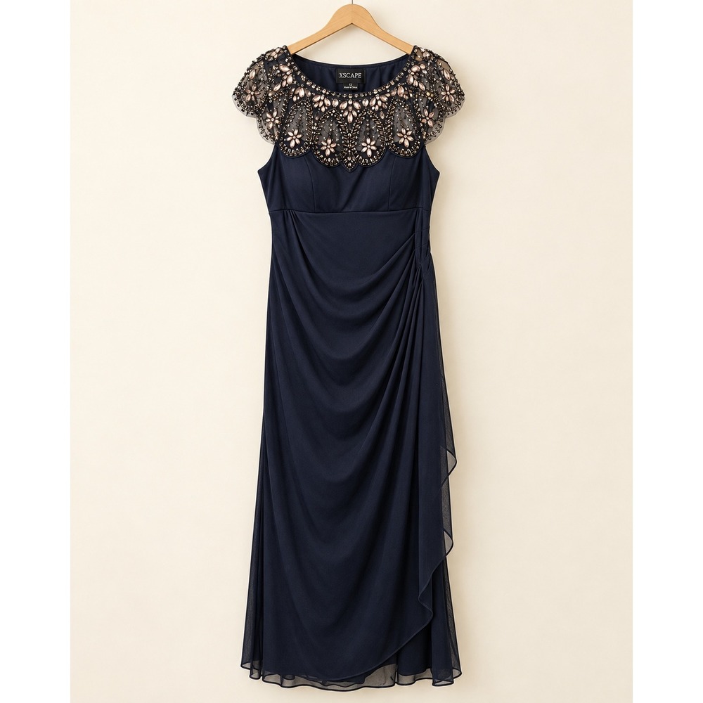 Xscape Navy Blue Beaded Illusion Neckline Ruched Gown Dress XS7761 Size 12